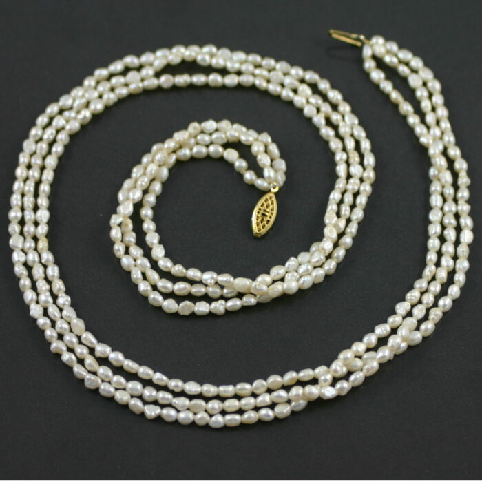 Three strand barque pearl necklace circa 1960s