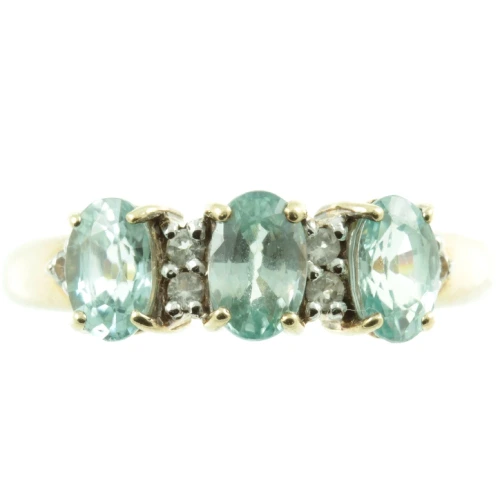 3 stone aquamarine and diamond ring - front view