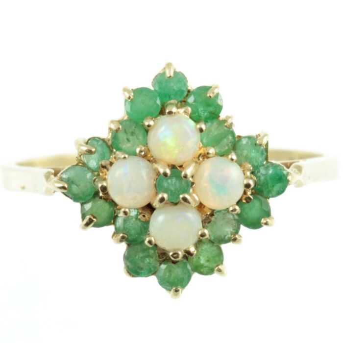 Emerald and diamond cluster ring - front view