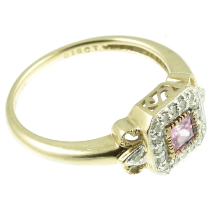 Pink sapphire and diamond ring - side view