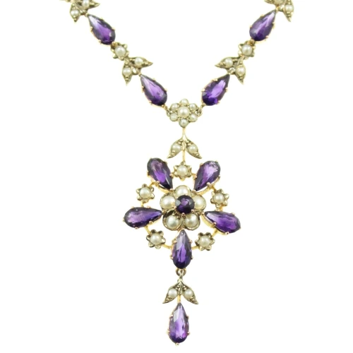 Edwardian Amethyst and split pearl necklace