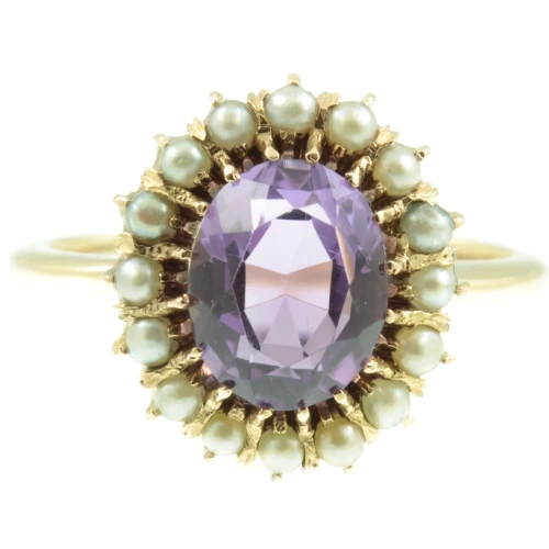 Edwardian 15ct Gold Amethyst and Seed Pearl Ring