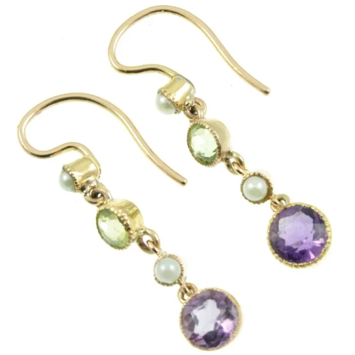 Peridot Amethyst and split pearl drop earrings IMG 4346