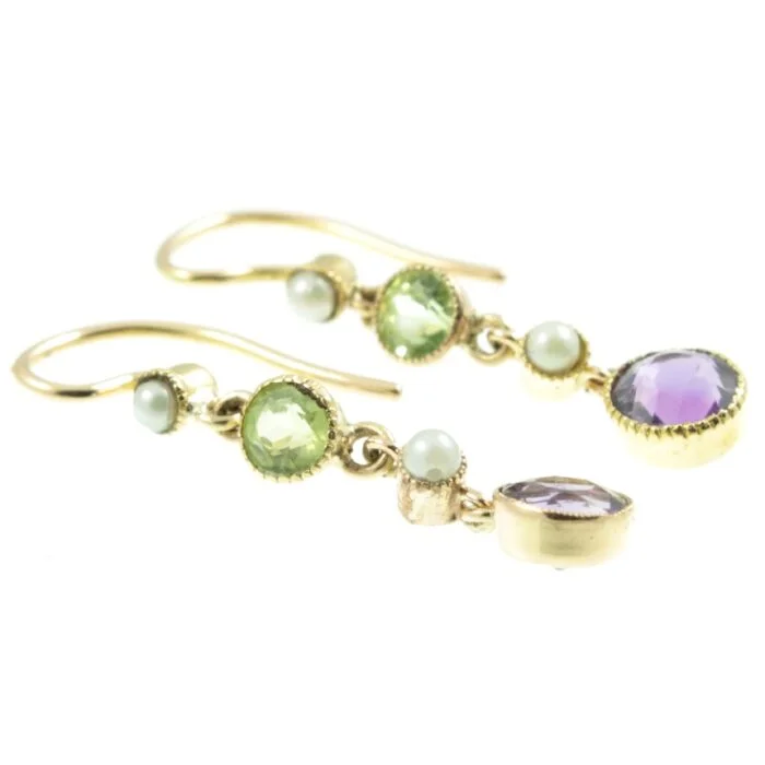 Peridot Amethyst and split pearl drop earrings