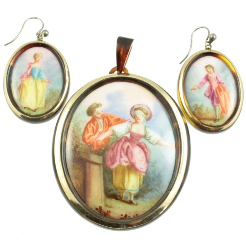 Victorian Tortoise shell cameo earrings and pendant