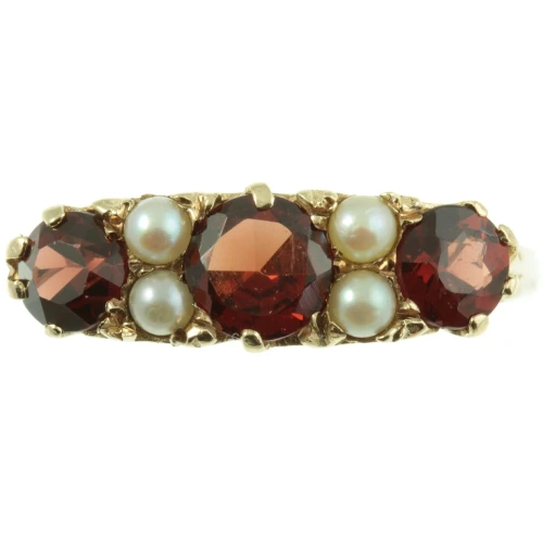 Victorian 9ct gold garnet and pearl ring