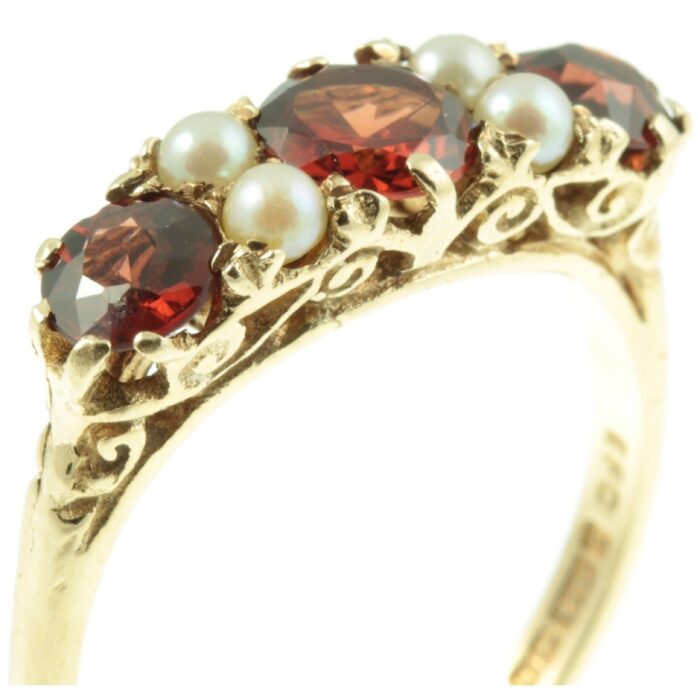 Victorian 9ct gold garnet and pearl ring