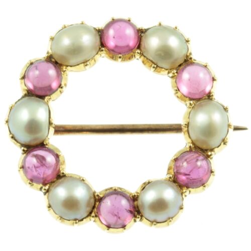 Victorian 9ct gold ruby and pearl brooch