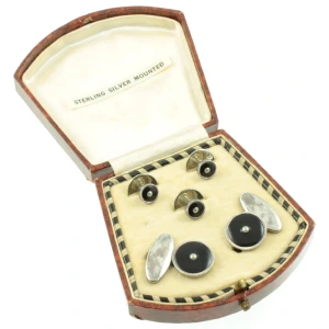 Art Deco Seed Pearl and Onyx Silver dress set Cufflinks