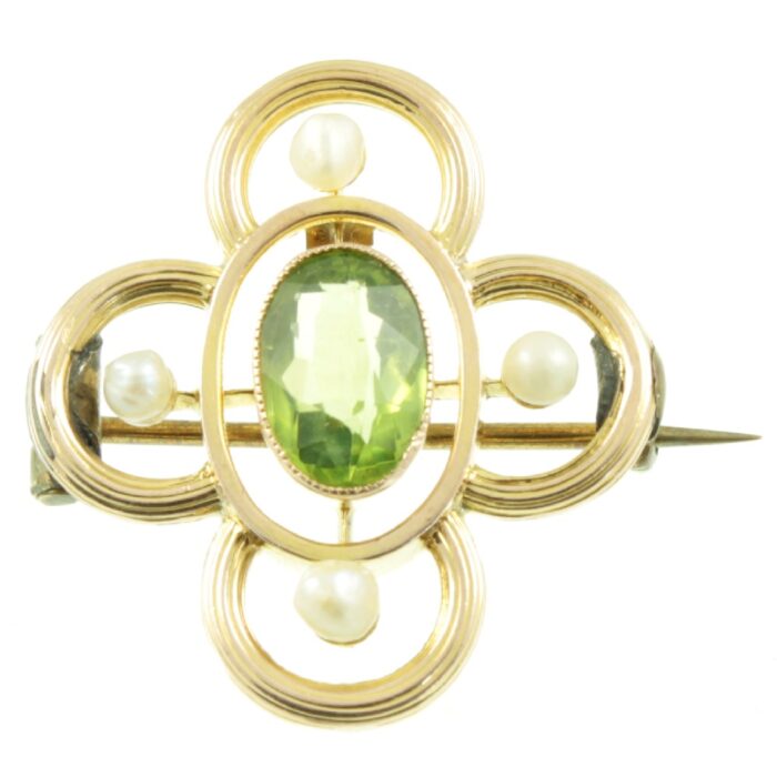 Edwardian 9ct gold, Peridot and Pearl brooch