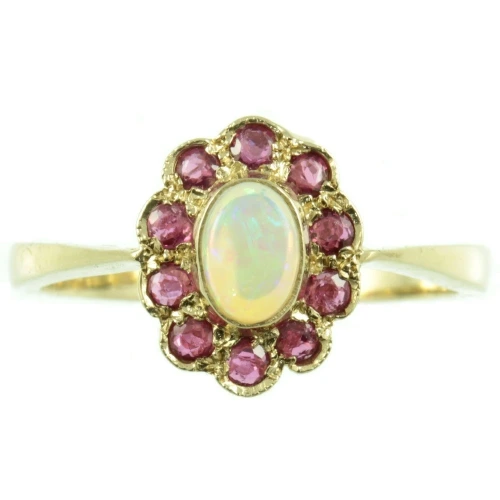 9ct Gold Vintage Opal and Ruby Cluster ring