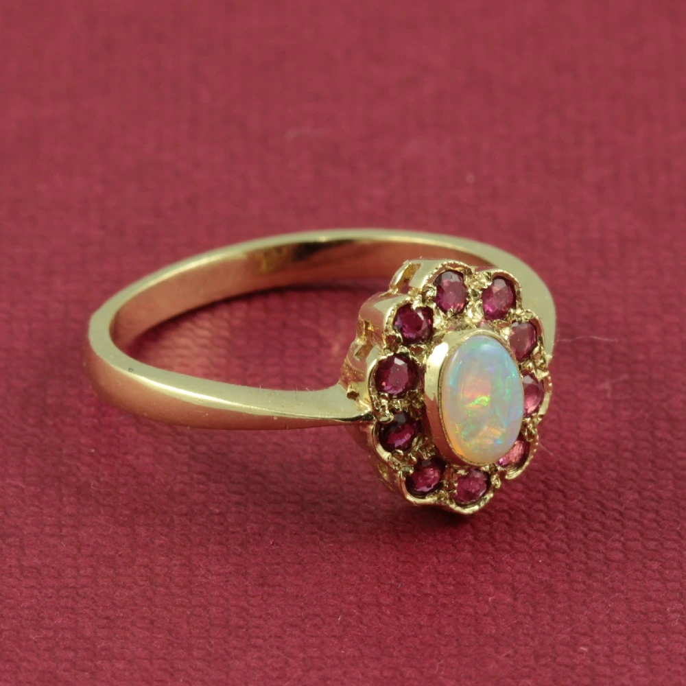 9ct Gold Opal and Ruby Cluster ring