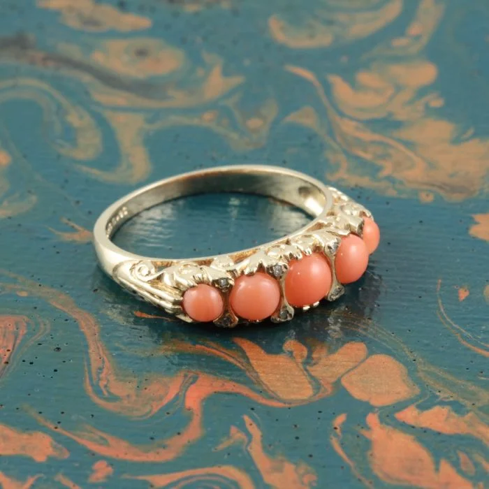 9ct gold Coral and Diamond ring