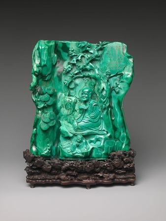 Malachite Seated luohan with a servant Malachite Seated luohan with a servant