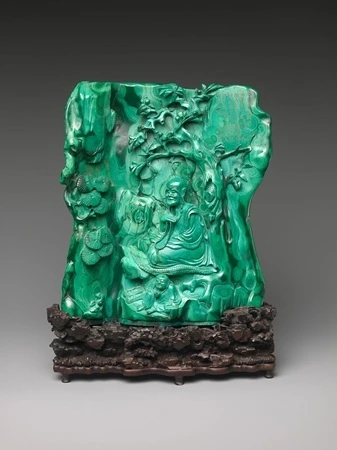 Malachite Seated luohan with a servant
